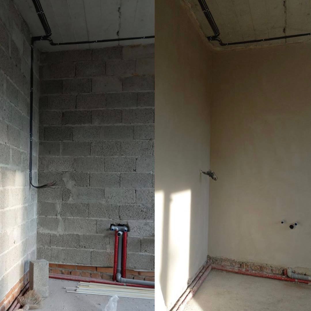 Split photograph of one room: on the left bare block walls with pipework, on the right the same walls plastered smooth