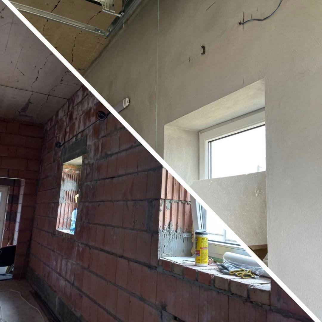 Diagonal split photograph: bare brick wall and window opening, then the same wall and reveals plastered