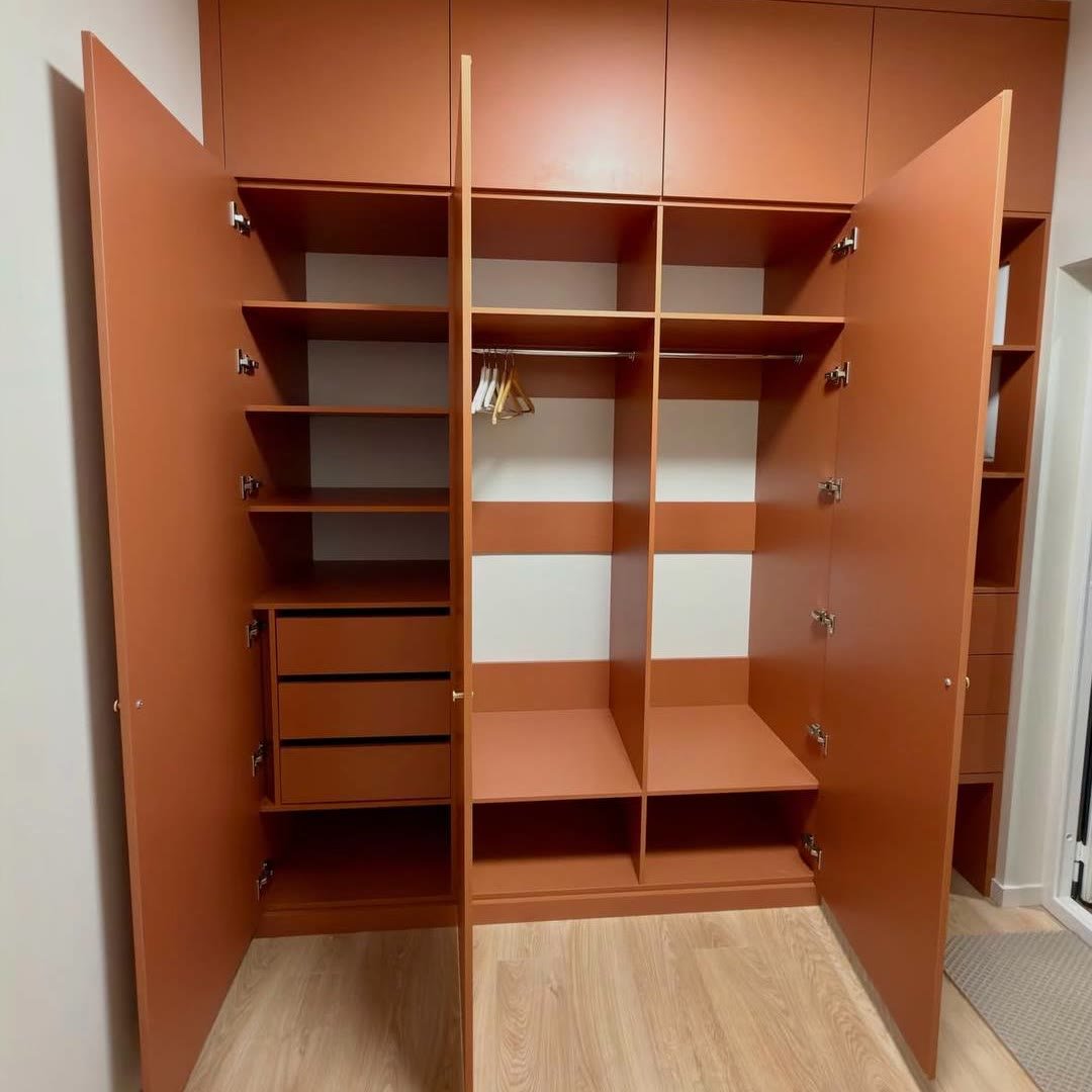 Floor-to-ceiling fitted wardrobe in terracotta, doors open to shelves, drawers and a hanging rail